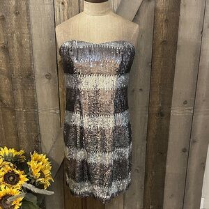 NWT ABS Allen Schwartz Strapless Grey & Silver Sequined Mini Dress